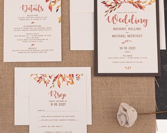 Fall Leaves Wedding Invitation Kit, 3 pc. card set with blank envelopes and pocket backer