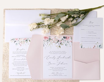 May include: A pink and white floral wedding invitation with a pocket for an RSVP card. The invitation features the names "Emily Landowski" and "Brian Johnson" and the date "Saturday, Tenth of June, Two Thousand Twenty-One".