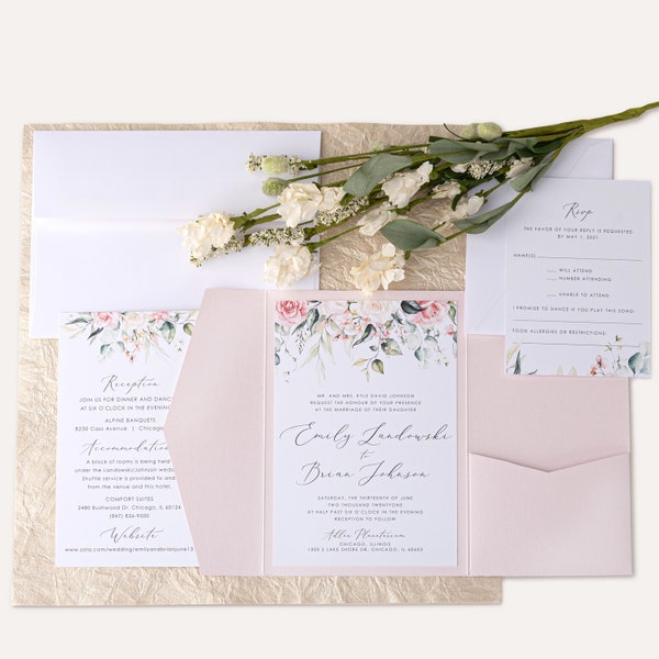 Blush Pink Pearlized Shimmer Wedding Invitation with Pocket folder Enclosure and Floral Eucalyptus, 6 piece set includes blank envelopes