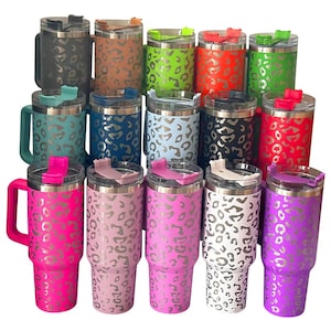 Customizable 40 oz. Stainless Steel Insulated Leopard Print Tumbler with Handle, Lid, and Straw