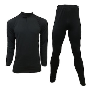 May include: A black long-sleeved thermal top and matching thermal pants. The top has a mock neck and long sleeves. The pants have a waistband.