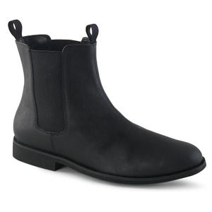 May include: A black Chelsea boot with a rounded toe and elastic side panels. The ankle boot has a pull tab at the back and a low heel. The boot is made of a smooth, matte material.