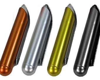 May include: Four metal pens in different colors: copper, silver, gold, and black. The pens are all the same size and shape, and they have a clip on the top.