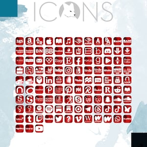 Può includere: Una grafica rossa e bianca con la parola "ICONS" in grandi lettere bianche. La grafica presenta una griglia di 64 quadrati rossi, ognuno contenente un logo o un'icona per una diversa azienda di libri, musica o media. Alcuni dei loghi includono Amazon, Barnes & Noble, Etsy, Google, Instagram, Kindle, Nook, Pinterest, Spotify e Twitter.