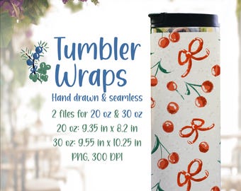 Coquette Cherry Tumbler Wraps with field flowers, Hand Drawn Seamless Pattern (Digital Download)