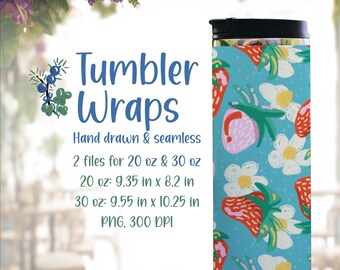Strawberry Summer Tumbler Wraps with Strawberry Flowers, Hand Drawn Seamless Pattern (Digital Download)