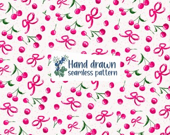 Pink Cherries and bows Hand Drawn Seamless Pattern for grannycore coquette summer fabrics PNG