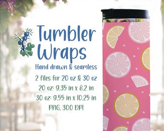 Lemon Grapefruit Tumbler Wraps for Summer Fun, Hand Drawn Seamless Pattern PNG (Digital Download)