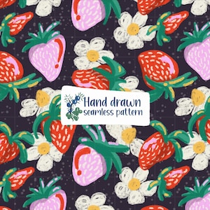 May include: A hand-drawn seamless pattern featuring strawberries and daisies on a dark background. The strawberries are red and pink, with green stems and leaves. White daisies with yellow centers are scattered throughout. The text "Hand drawn seamless pattern" is in a white rectangle.