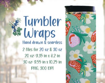 Strawberry Summer Tumbler Wraps with Strawberry Flowers, Hand Drawn Seamless Pattern (Digital Download)