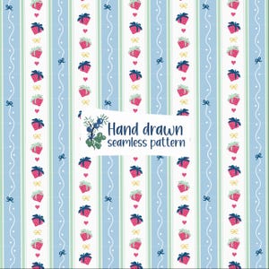 May include: A repeating pattern with light blue and white stripes, decorated with strawberries, bows, and hearts. The text "Hand drawn seamless pattern" is visible.