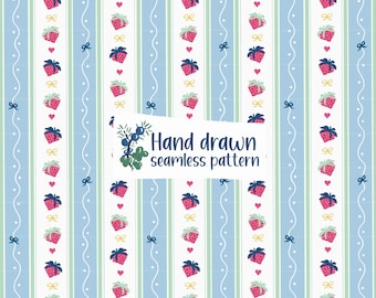 Coquette Strawberry Hearts Seamless Pattern, Grannycore Striped Fabric Design, Digital Paper (Digital Download)