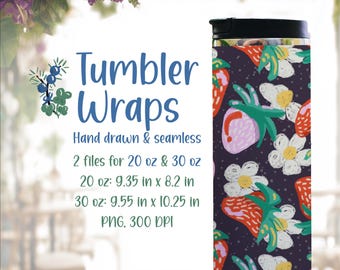 Strawberry Summer Tumbler Wraps with Strawberry Flowers, Hand Drawn Seamless Pattern (Digital Download)