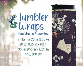 Books & Bouquets Coquette Tumbler Wraps for Teachers and Readers, Hand Drawn Seamless Pattern (Digital Download)