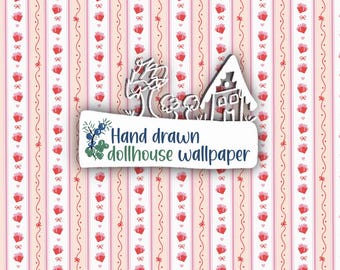 Papel pintado imprimible Coquette Stripe Strawberry para decoración de casas de muñecas a escala 1:12
