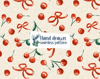 Cherries and bows Hand Drawn Seamless Pattern for grannycore coquette summer fabrics PNG
