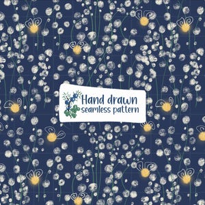 May include: A seamless pattern design with white, textured circular shapes and stylized yellow flower-like elements on a dark blue backdrop. The words "Hand drawn seamless pattern" are displayed on a white rectangular label.