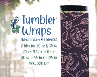Rose Tumbler Wraps, June Birth Month Flowers, Hand Drawn Seamless Pattern (Digital Download)