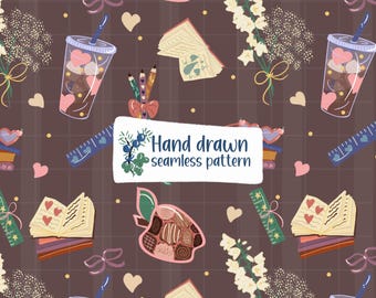 Teacher Life Coquette Seamless Pattern PNG with Angelica with White Bellflowers
