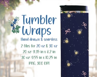 Coquette Night Fireflies Tumbler Wraps with bows and texture, Hand Drawn Seamless Pattern (Digital Download)