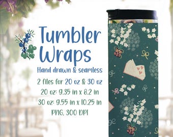 Books & Bouquets Coquette Tumbler Wraps for Teachers and Readers, Hand Drawn Seamless Pattern (Digital Download)