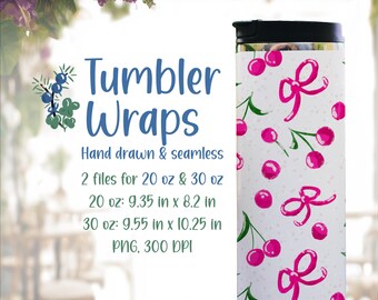 Coquette Cherry Tumbler Wraps with field flowers, Hand Drawn Seamless Pattern (Digital Download)