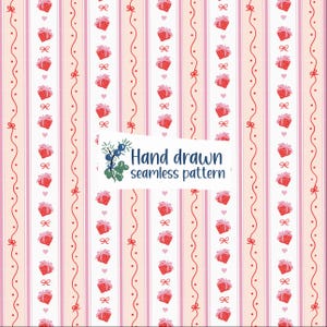 May include: A seamless pattern with pink and white vertical stripes, decorated with red strawberries, bows, and hearts. The text "Hand drawn seamless pattern" is on a white rectangle. Ideal for fabric or wallpaper, this design has a charming aesthetic.