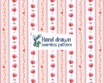 Coquette Strawberry Hearts Wallpaper Style Seamless Pattern, Strawberry Grannycore Design, Striped Summer Fabric, Digital Paper, Scrapbook