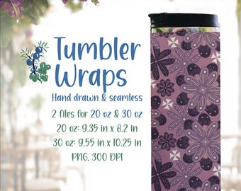 Purple Floral Tumbler Wraps, Hand Drawn Seamless Pattern PNG (Digital Download)