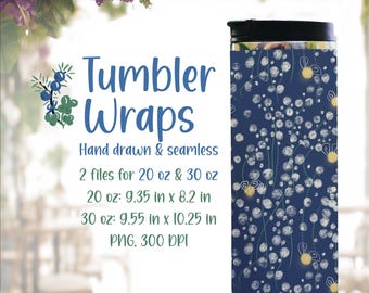 Summer Night Fireflies Tumbler Wraps with field flowers, Hand Drawn Seamless Pattern (Digital Download)