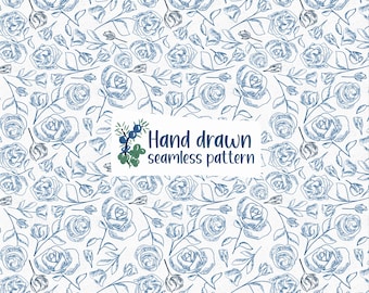 Blue Roses Classic Wallpaper Seamless Pattern PNG For Fabrics and Wallpaper