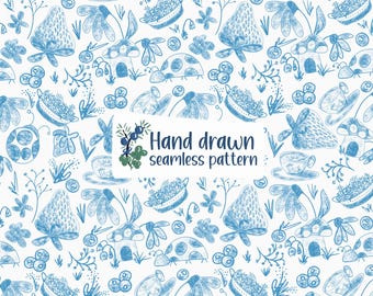 Blue ladybugs, strawberries, and teacups Seamless Pattern for grannycore coquette fabrics PNG