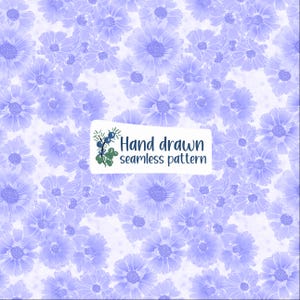 May include: A seamless pattern featuring light purple hand-drawn flowers on a white background. A central white rectangular label displays a small green and blue botanical icon followed by the text Hand drawn seamless pattern in dark blue.