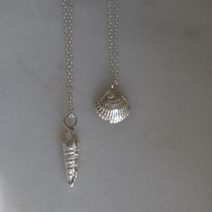 May include: Two silver necklaces with seashell pendants. One pendant is a detailed scallop shell, the other is a long, textured conch shell. Both hang from delicate silver chains, displayed against a light background.
