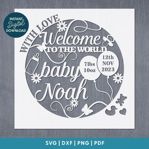 Willkommen in der Welt, neues Babygeschenk, personalisierte PDF SVG (kommerzielle Nutzung) sofortiger Download digitale Papierschnittvorlage