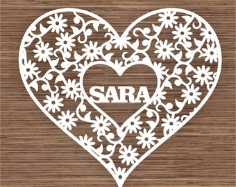 Custom/personalise name in flowers and Heart PDF SVG (Commercial Use) Instant Download Digital Papercut Template