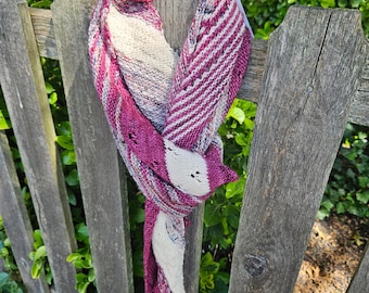 Hand Knit Merino Wool Scarf: Burgundy Red, White, and Grey