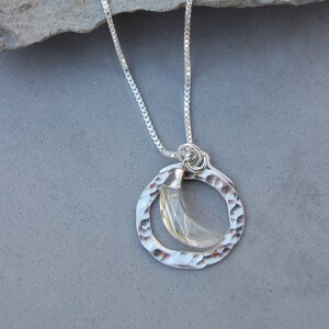 Rutilated Quartz Crescent Moon Sterling Silver Hammered Hoop Pendant 20" Box Chain