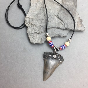 Fossil Shark Tooth Wrapped Sterling Silver Necklace Leather Cord Glass Chevron Trade Beads Tribal