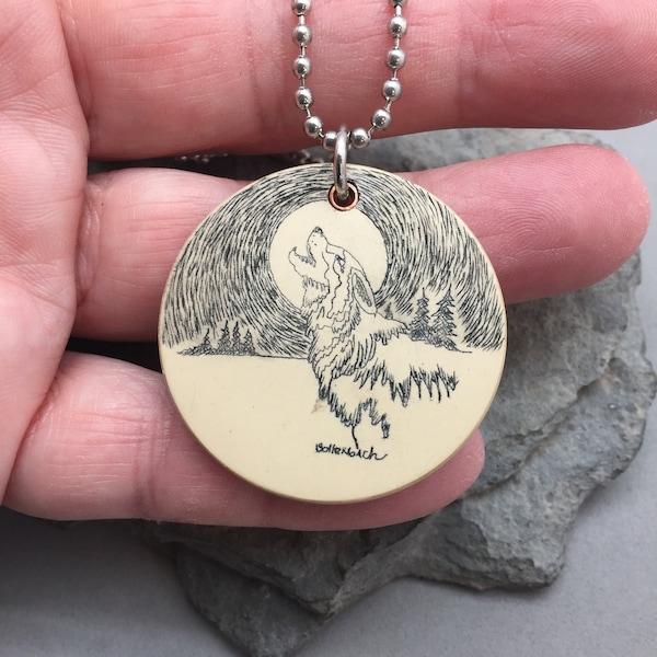 Howling At The Moon Wolf Pendant Scrimshaw on Vintage Clay Poker Chip Signed Original Hand Made 30" Ball Chain