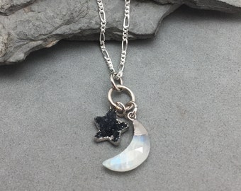 Colgante Moonstone Moon & Black Druzy Star Dangle Charm Sterling Silver Handmade 18" Figaro Chain