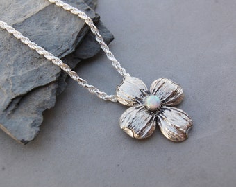 Dogwood Flower Sterling Silver Pendant with 6mm Round Opal 18" Rope Chain 1 1/2" x 1 1/4" Slide Style Hand Made Cast OOAK