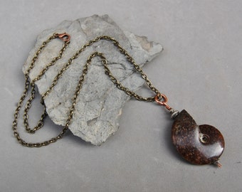 Ammoniet Nautilus zeeschelp fossiele hanger 2 3/4" met de hand gemaakt op 24" kogelketting, handgemaakt