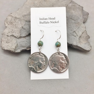 Indian Head / Buffalo Nickel Earrings Real Coin 1923-1929 Turquoise Sterling Silver Ear Wires Hand Made