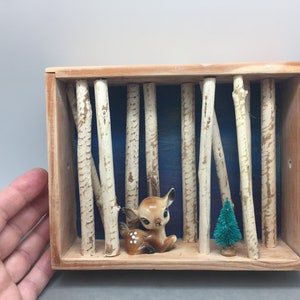 Fawn Deer in Forest at Christmas Shadow Box Assemblage Art Wall Hanging Art 8&quot;x6&quot; Wood