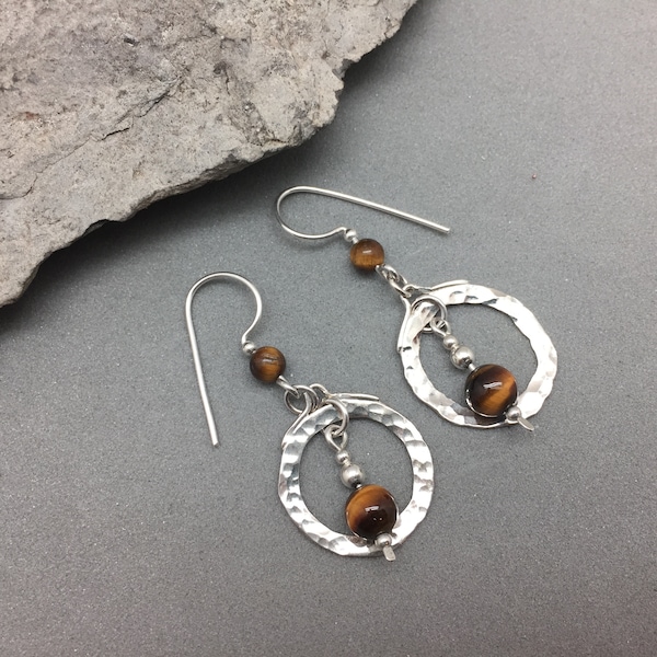 Golden Tiger's Eye Hammered Hoop Dangle Sterling Silver Earrings Handmade 1 3/4" x 3/4" wide