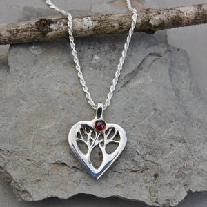 Entwined Trees Heart with Garnet Pendant Necklace Sterling Silver 18&quot; Rope Chain Hand Made