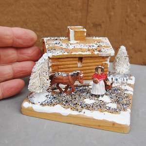 Hag Witch Christmas Miniature Diorama Art Assemblage OOAK Hand Made Log Cabin Horse Bottle Brush Tree Winter Scene 4&quot;x4&quot; x 3&quot; tall