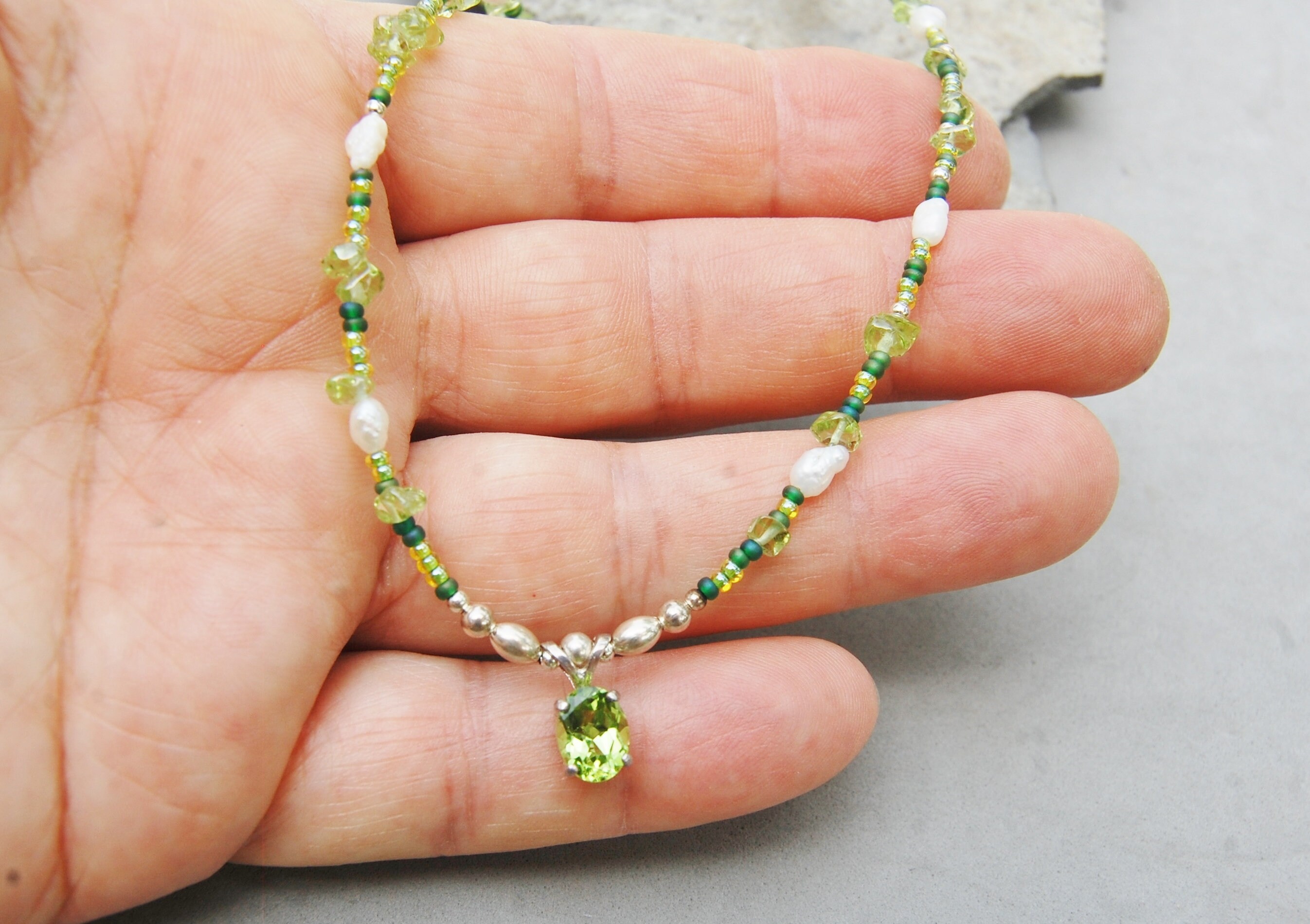 Genuine Peridot & Pearl Necklace 18 Hand Made 5x7 Mm Etsy