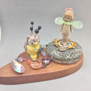 Fairy & Owl Hatpin Holder Vintage Art Assemblage Found Object Sculpture OOAK Hand Made Frozen Charlotte Doll Ceramic 9&quot;x6&quot;